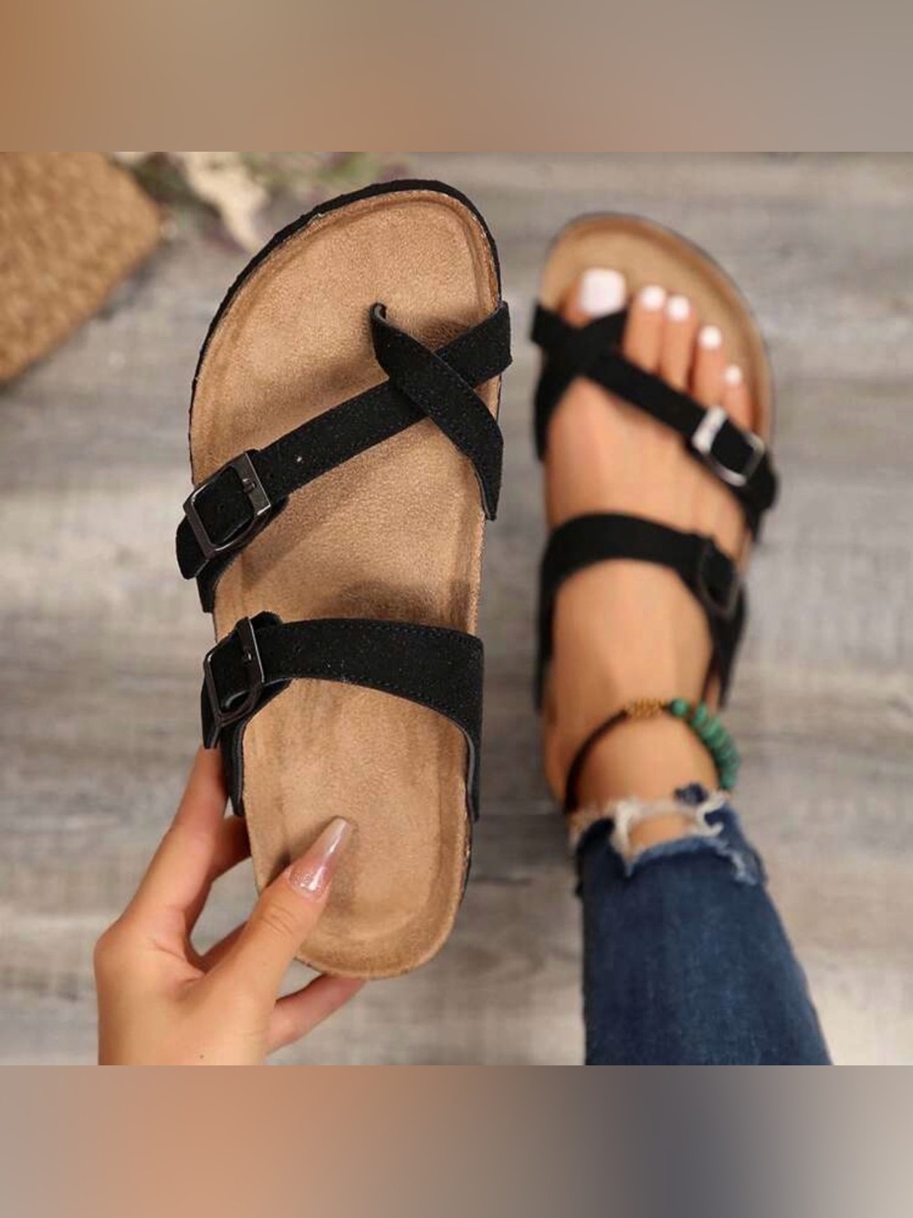 Women’s Black Suede Double-Buckle Slide Sandals